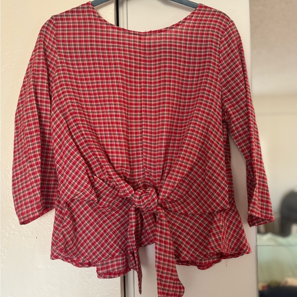 Elegant Red Checkered Women's Blouse with Bow Detail